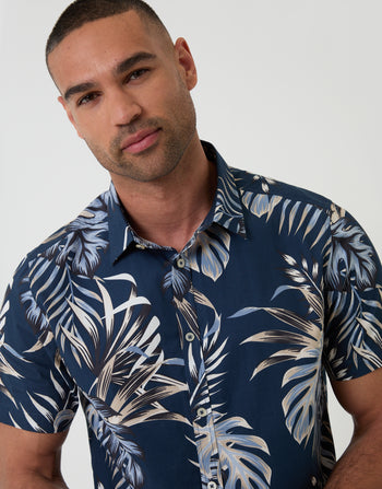 Threabare Leaf Print Cotton Poplin Short Sleeve Shirt in Navy - Close View