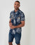 Leaf Print Cotton Poplin Short Sleeve Shirt in Navy