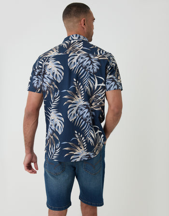 Threabare Leaf Print Cotton Poplin Short Sleeve Shirt in Navy - Back View