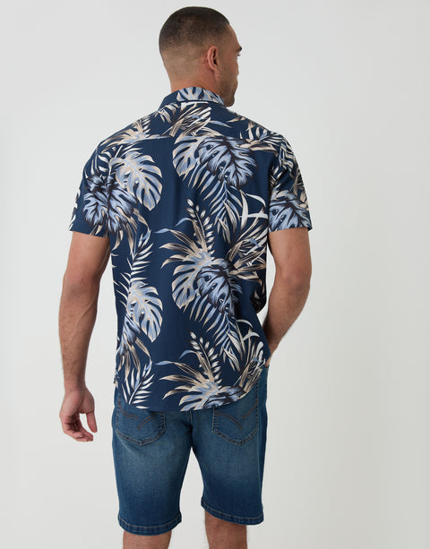 Threabare Leaf Print Cotton Poplin Short Sleeve Shirt in Navy - Back View