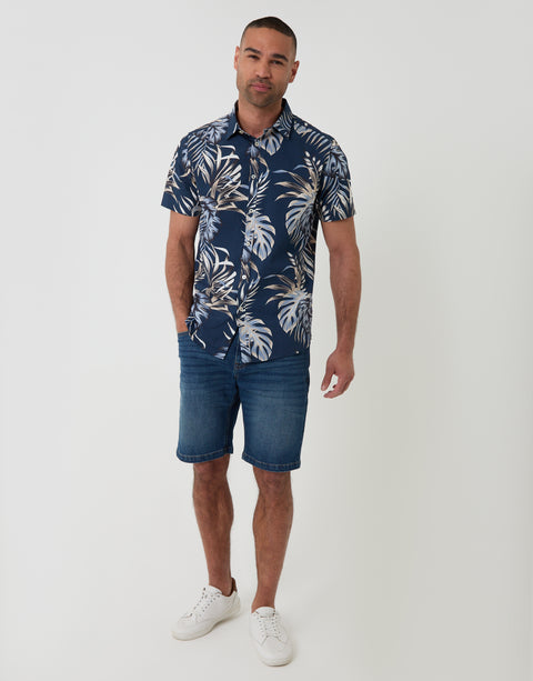 Threabare Leaf Print Cotton Poplin Short Sleeve Shirt in Navy - Full View