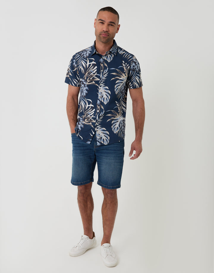 Threabare Leaf Print Cotton Poplin Short Sleeve Shirt in Navy - Full View