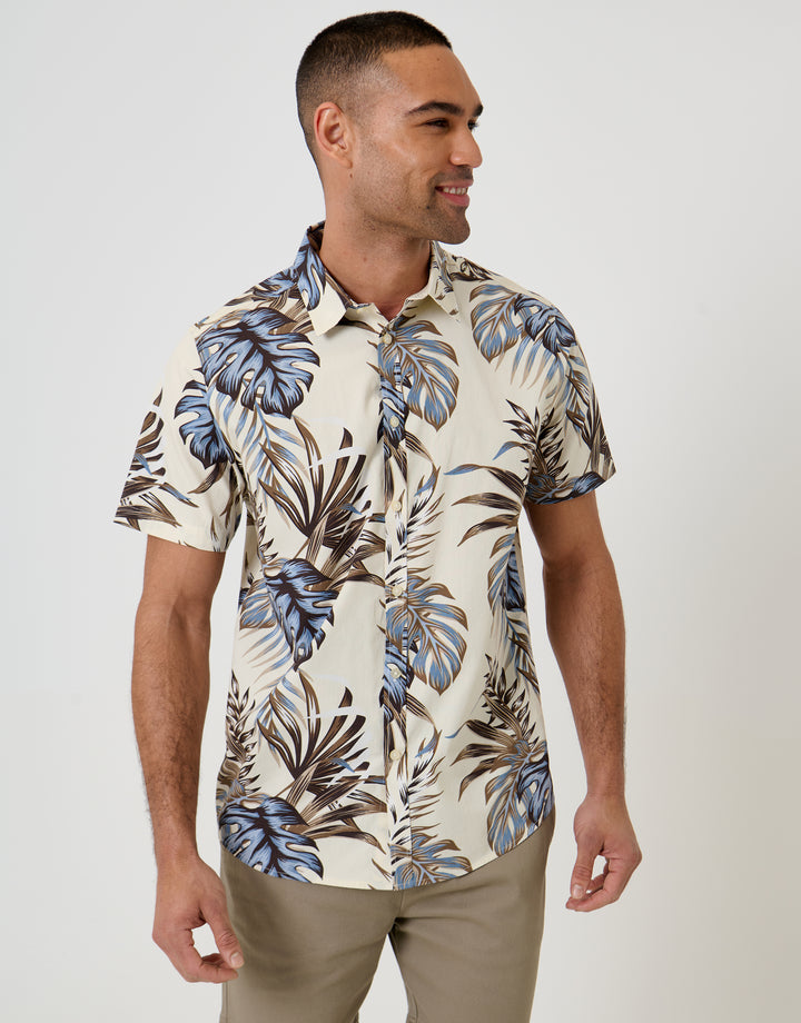 Threadbare Leaf Print Cotton Poplin Short Sleeve Shirt in Ecru - front view