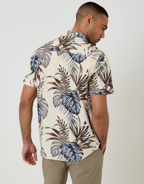 Threadbare Leaf Print Cotton Poplin Short Sleeve Shirt in Ecru - back view