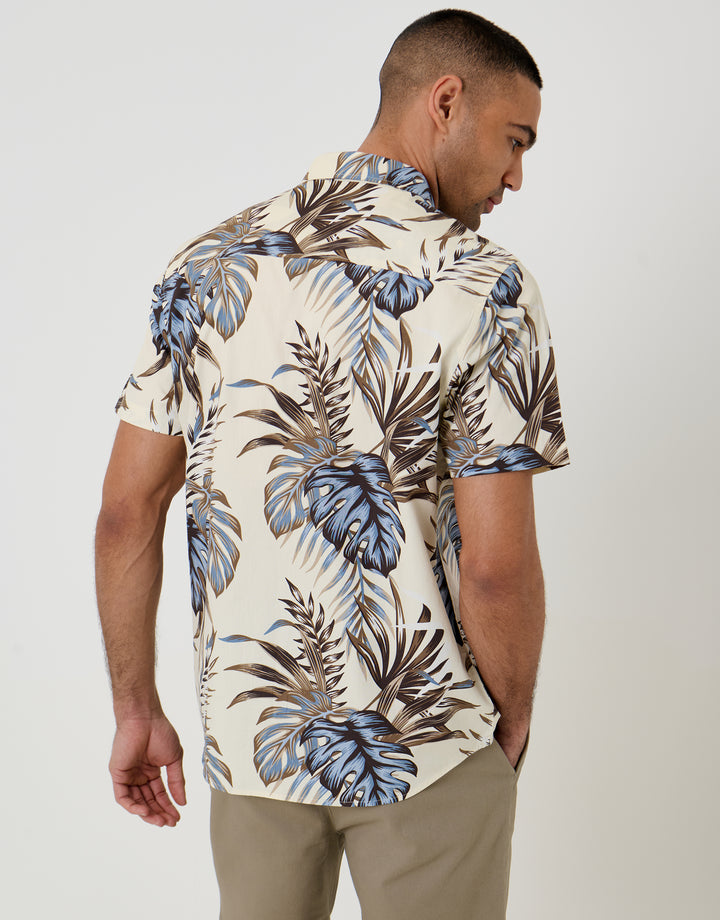 Threadbare Leaf Print Cotton Poplin Short Sleeve Shirt in Ecru - back view