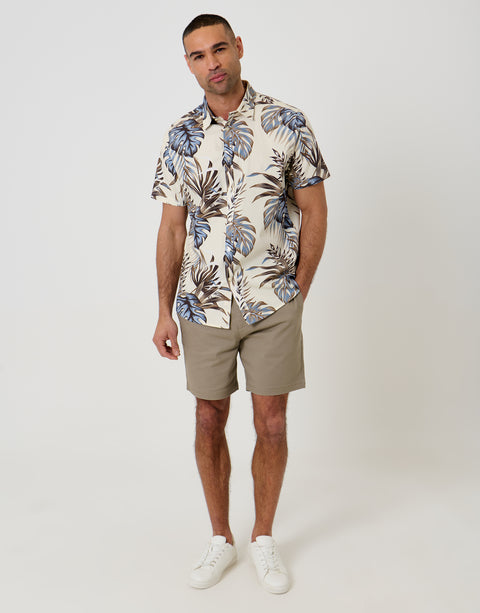 Threadbare Leaf Print Cotton Poplin Short Sleeve Shirt in Ecru - full body