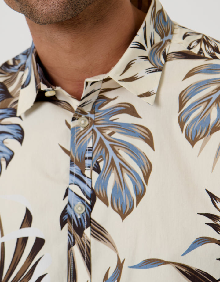 Threadbare Leaf Print Cotton Poplin Short Sleeve Shirt in Ecru - fabric close up