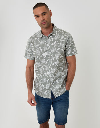Threadbare Tropical Print Cotton Poplin Short Sleeve Shirt in Sage Green - front view