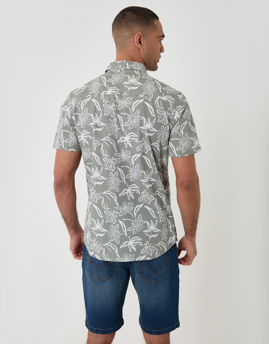 Threadbare Tropical Print Cotton Poplin Short Sleeve Shirt in Sage Green - back view