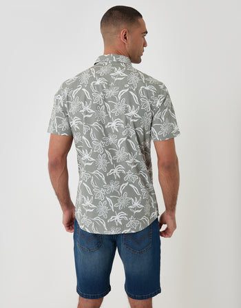 Threadbare Tropical Print Cotton Poplin Short Sleeve Shirt in Sage Green - back view