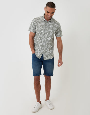 Threadbare Tropical Print Cotton Poplin Short Sleeve Shirt in Sage Green - full body