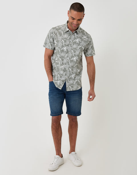 Threadbare Tropical Print Cotton Poplin Short Sleeve Shirt in Sage Green - full body
