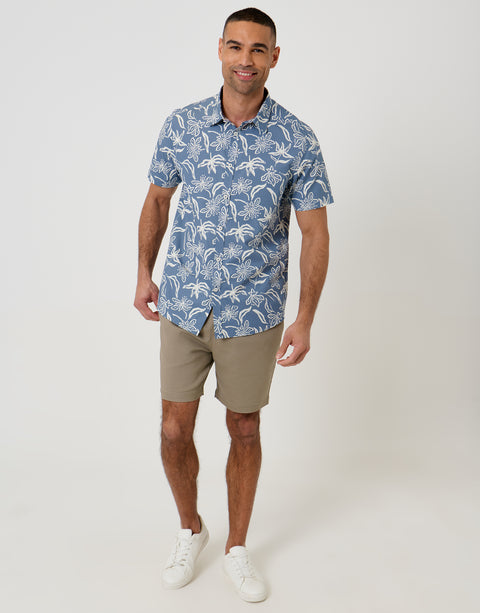 Threadbare Tropical Print Cotton Poplin Short Sleeve Shirt in Denim Blue - full body