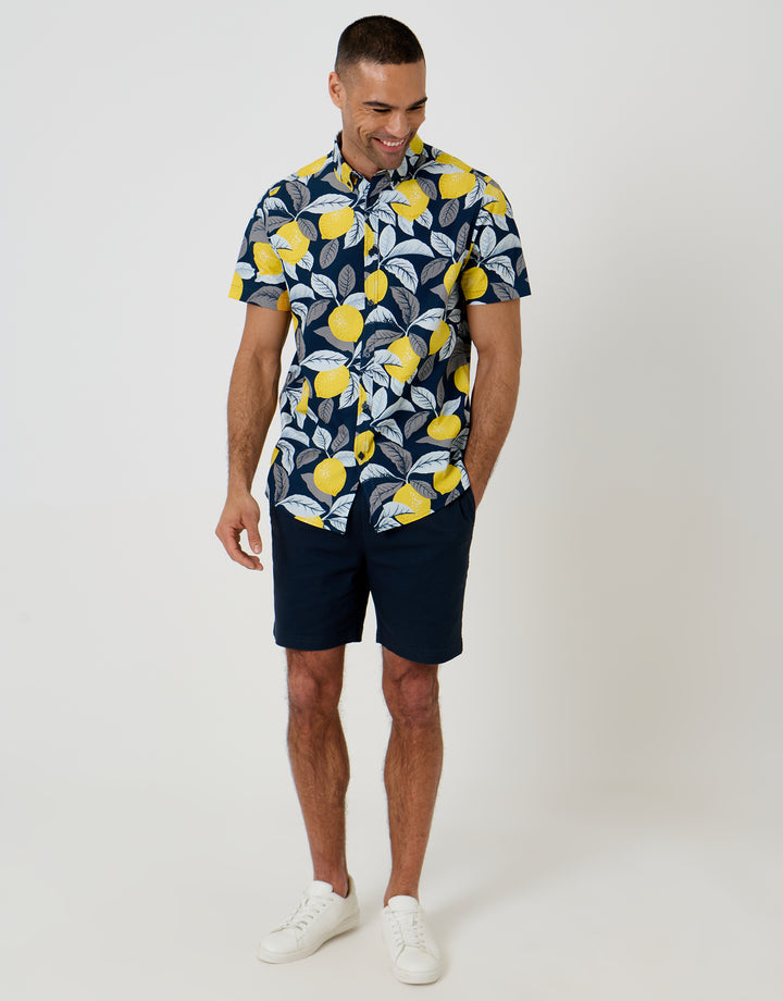 Threadbare Cotton Poplin Short Sleeve Shirt in Navy Lemon Print - full body