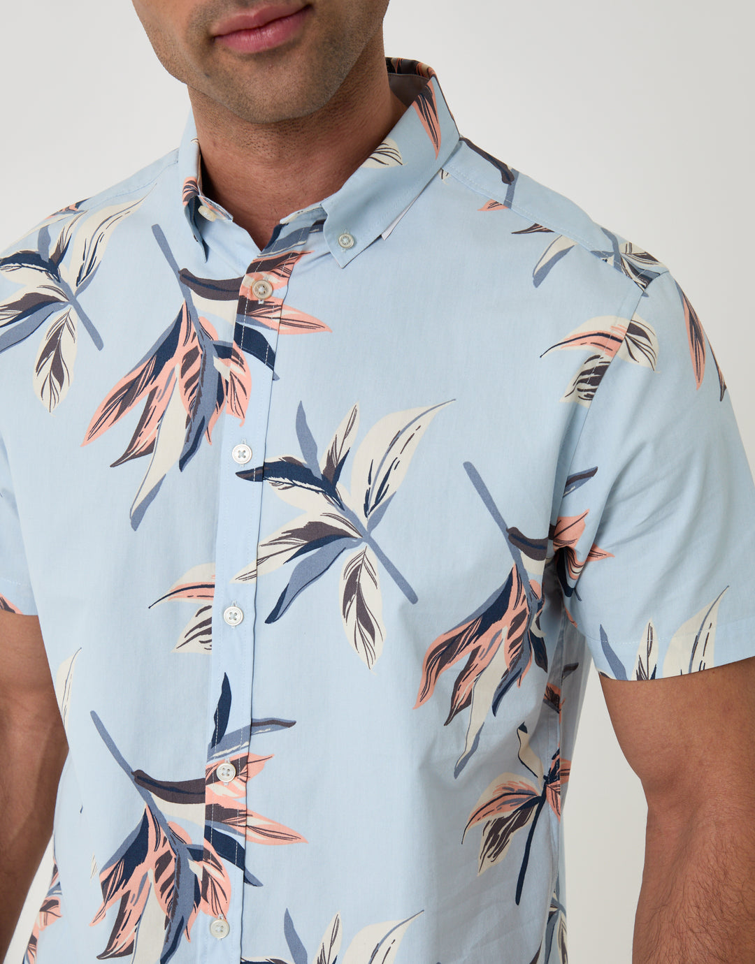 Threadbare Cotton Poplin Short Sleeve Shirt in Light Blue Tropical Leaf Print - close up