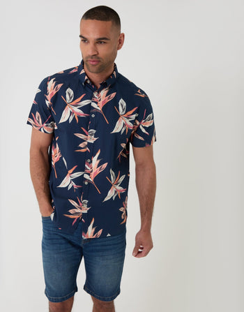 Threabare Tropical Leaf Print Cotton Poplin Short Sleeve Shirt in Navy - Front View