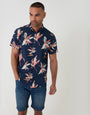 Threabare Tropical Leaf Print Cotton Poplin Short Sleeve Shirt in Navy - Front View