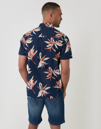 Tropical Leaf Print Cotton Poplin Short Sleeve Shirt - Back View