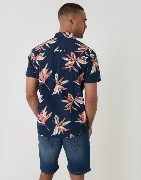 Tropical Leaf Print Cotton Poplin Short Sleeve Shirt - Back View