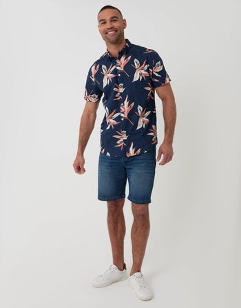 Tropical Leaf Print Cotton Poplin Short Sleeve Shirt - Full View