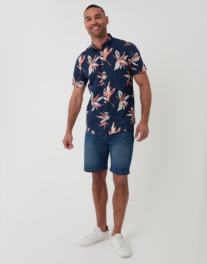 Tropical Leaf Print Cotton Poplin Short Sleeve Shirt - Full View
