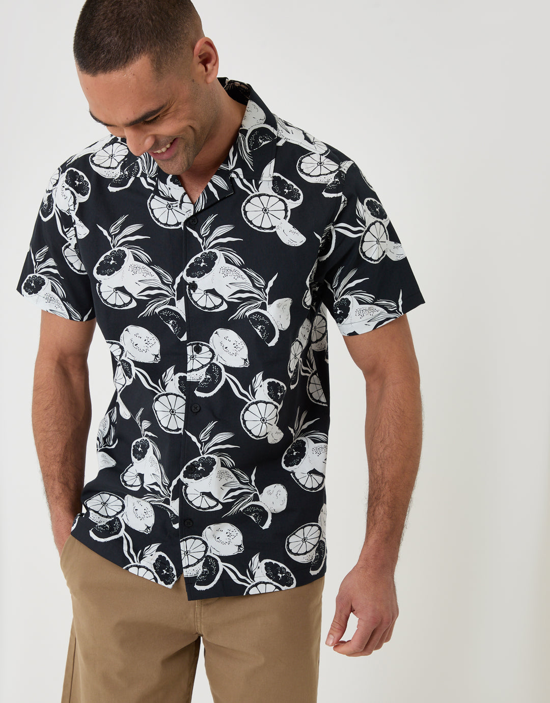 Threadbare Cotton Poplin Short Sleeve Shirt in Black Citrus Print - front view