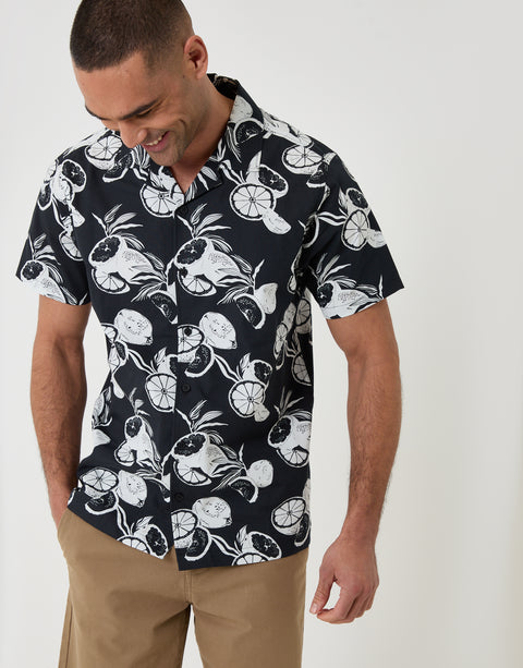 Threadbare Cotton Poplin Short Sleeve Shirt in Black Citrus Print - front view