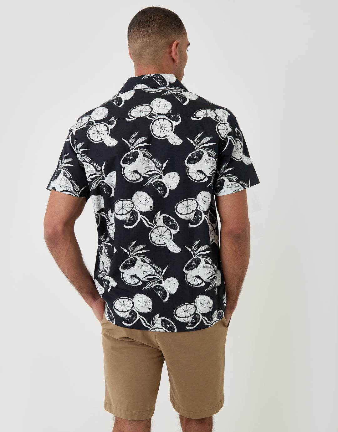 Threadbare Cotton Poplin Short Sleeve Shirt in Black Citrus Print - back view