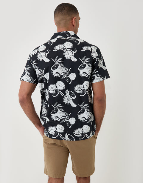 Threadbare Cotton Poplin Short Sleeve Shirt in Black Citrus Print - back view
