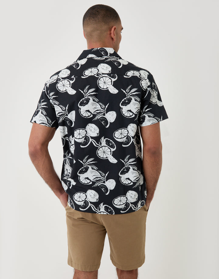 Threadbare Cotton Poplin Short Sleeve Shirt in Black Citrus Print - back view