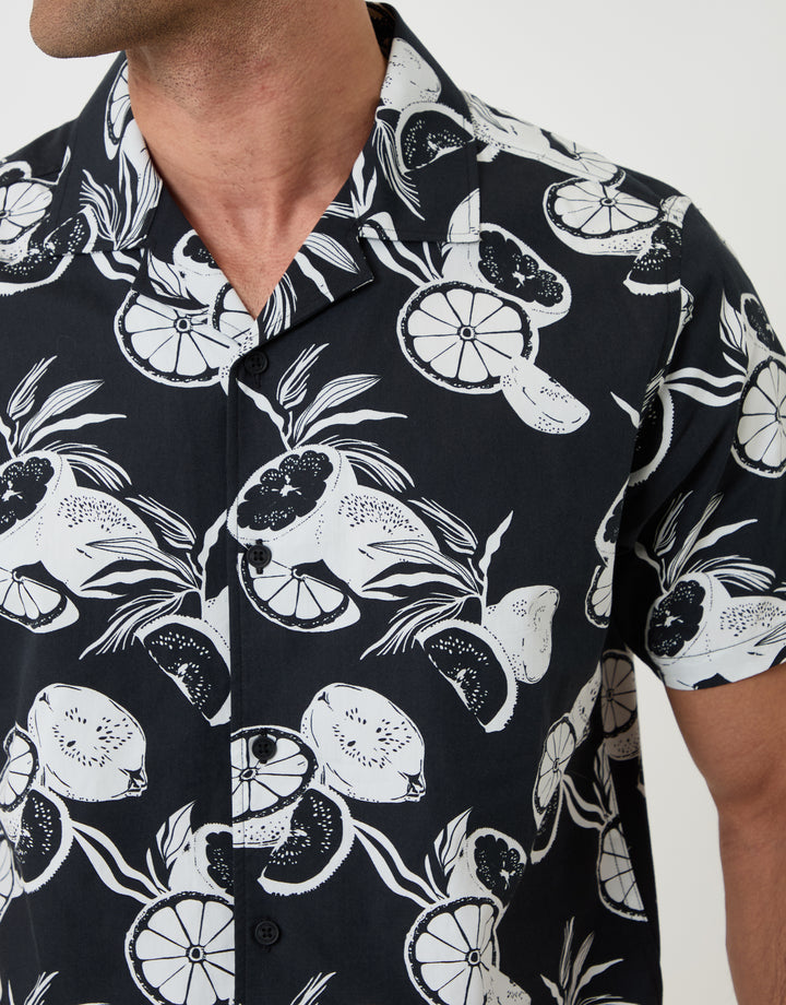 Threadbare Cotton Poplin Short Sleeve Shirt in Black Citrus Print - front view close up