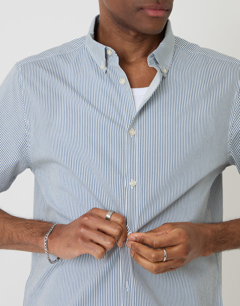 Threadbare Cotton Poplin Short Sleeve Shirt in Blue Stripe - buttons close up