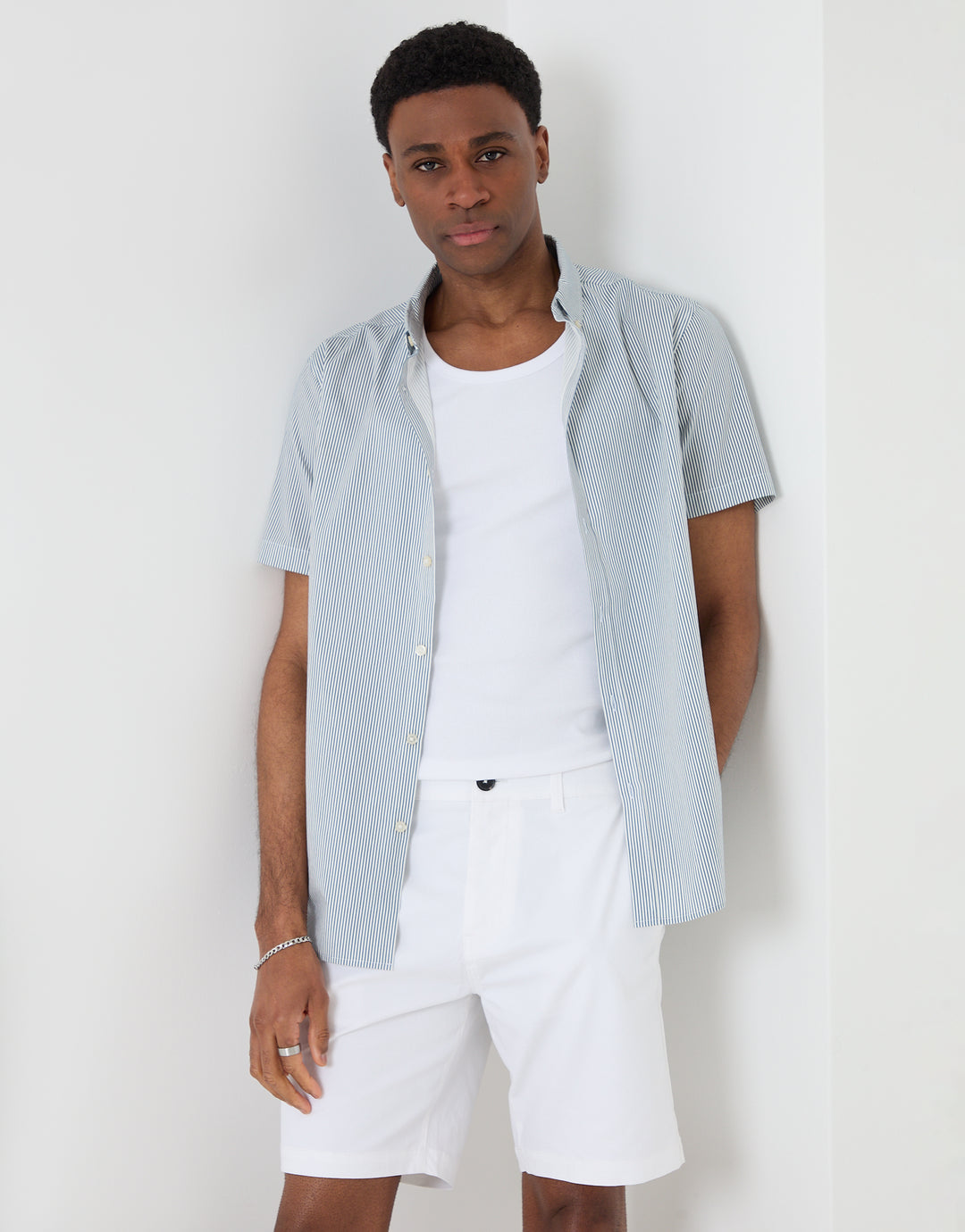 Threadbare Cotton Poplin Short Sleeve Shirt in Blue Stripe - front view, worn open