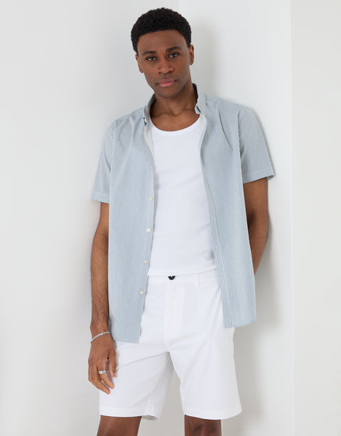 Threadbare Cotton Poplin Short Sleeve Shirt in Blue Stripe - front view, worn open