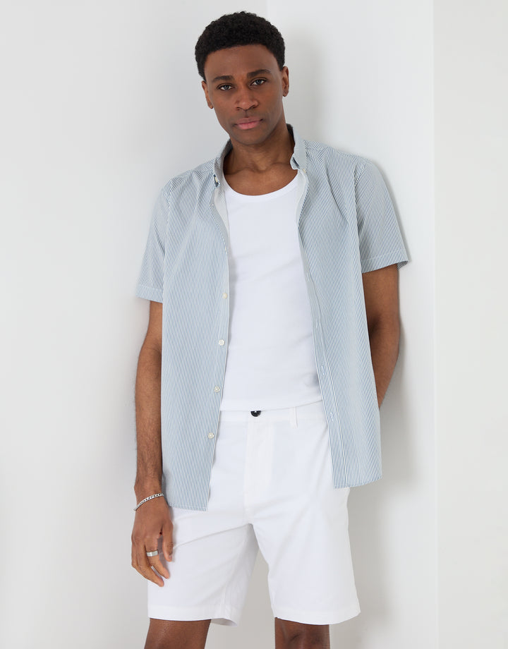 Threadbare Cotton Poplin Short Sleeve Shirt in Blue Stripe - front view, worn open