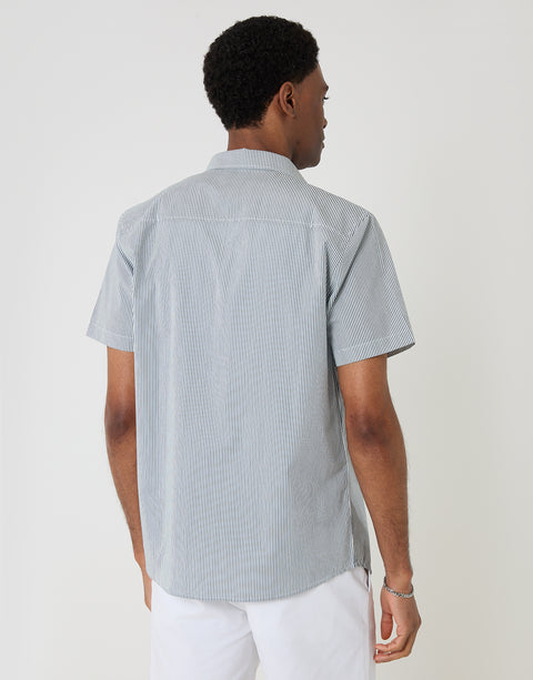 Threadbare Cotton Poplin Short Sleeve Shirt in Blue Stripe - back view