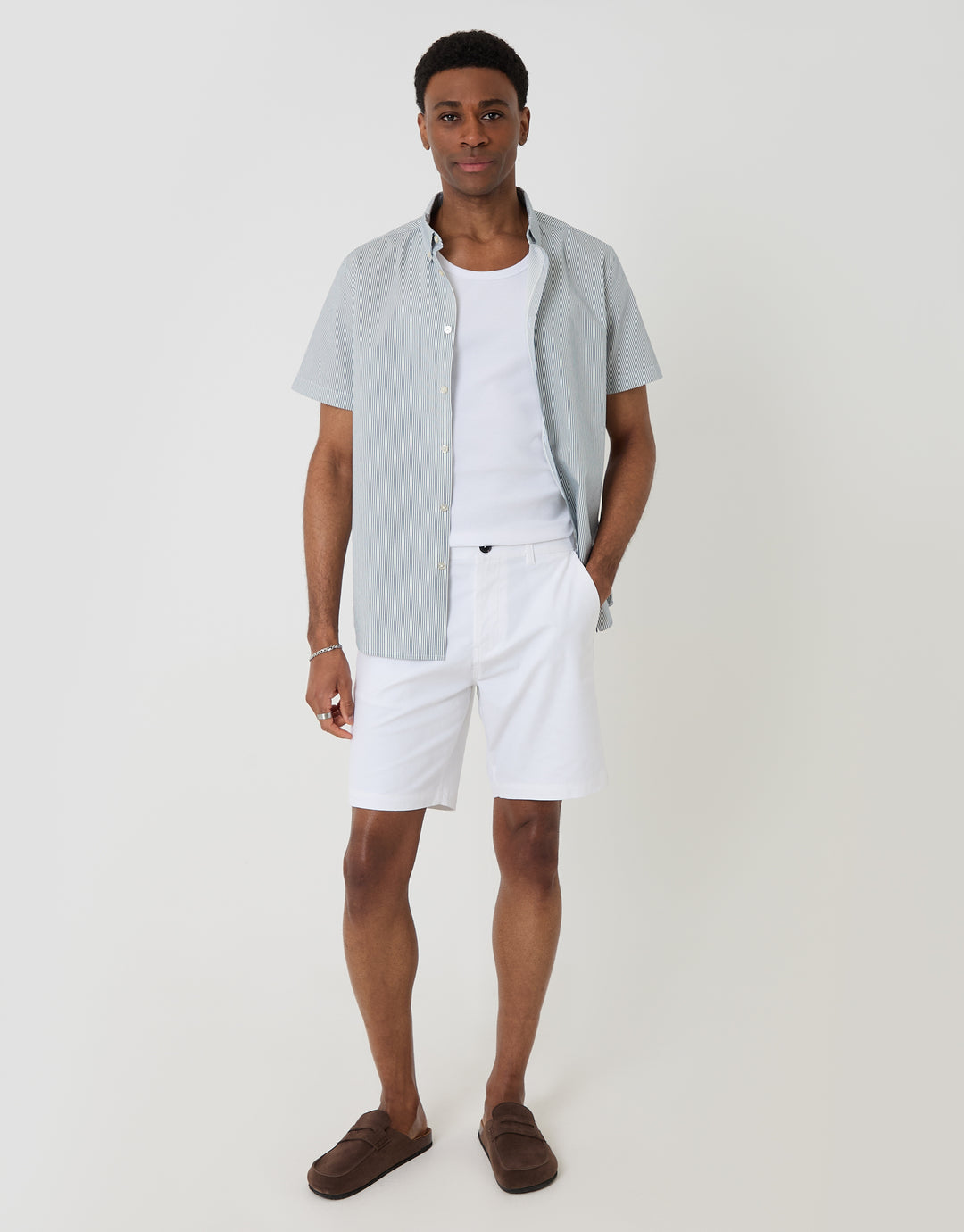 Threadbare Cotton Poplin Short Sleeve Shirt in Blue Stripe - full body