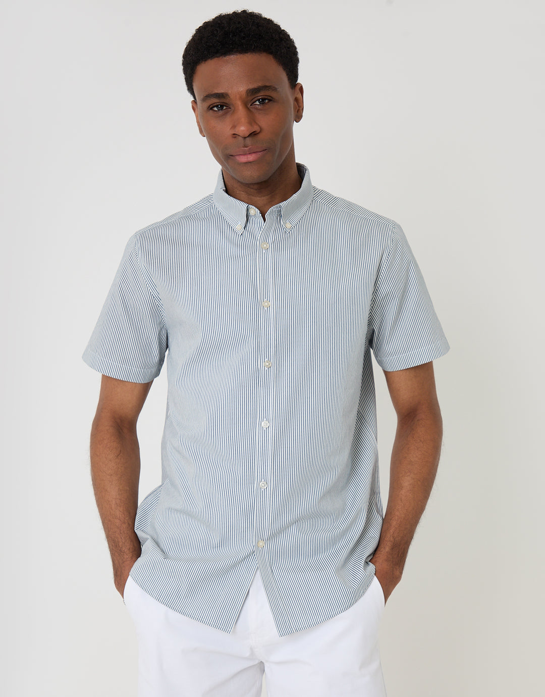 Threadbare Cotton Poplin Short Sleeve Shirt in Blue Stripe - front view