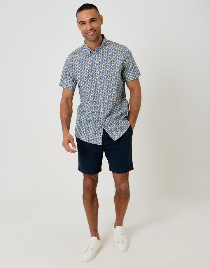 Threadbare Cotton Poplin Short Sleeve Shirt in Denim Blue Linear Leaf Print - full body