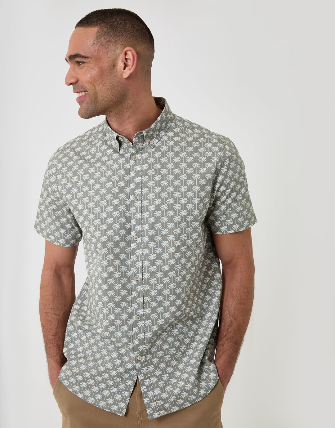 Threadbare Palm Tree Print Cotton Poplin Short Sleeve Shirt in Sage Green - front view