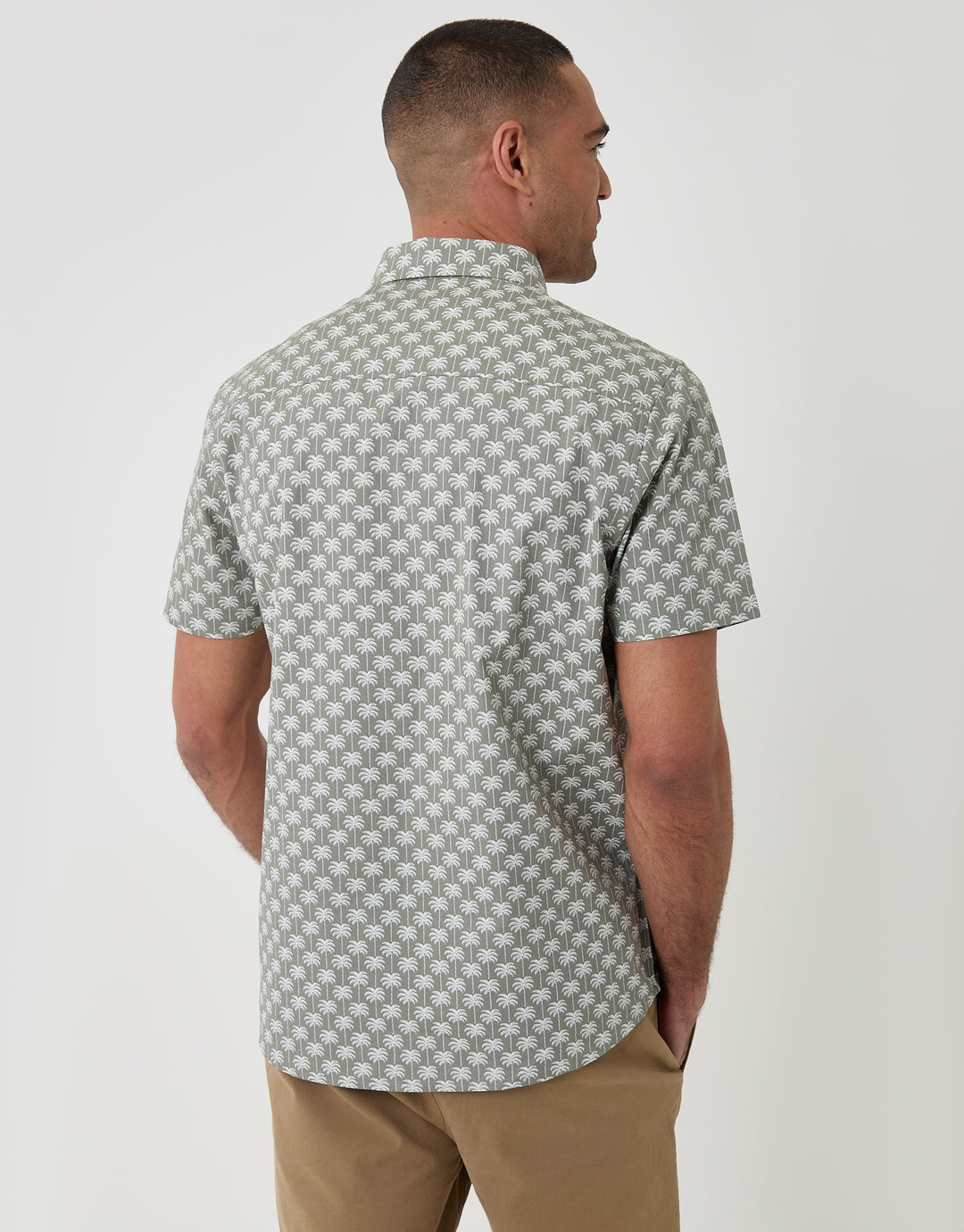 Threadbare Palm Tree Print Cotton Poplin Short Sleeve Shirt in Sage Green - back view