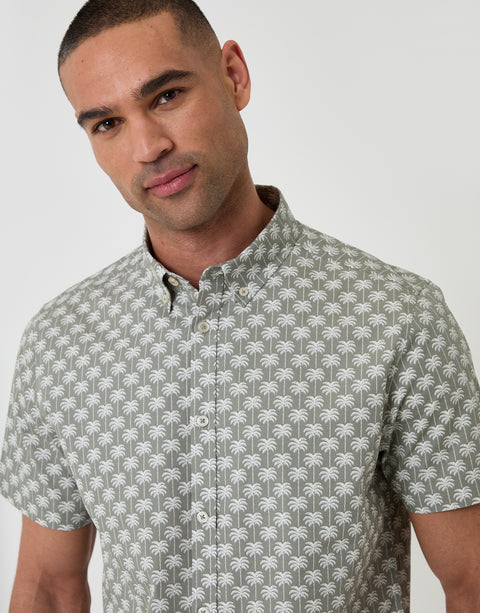 Threadbare Palm Tree Print Cotton Poplin Short Sleeve Shirt in Sage Green - collar close up