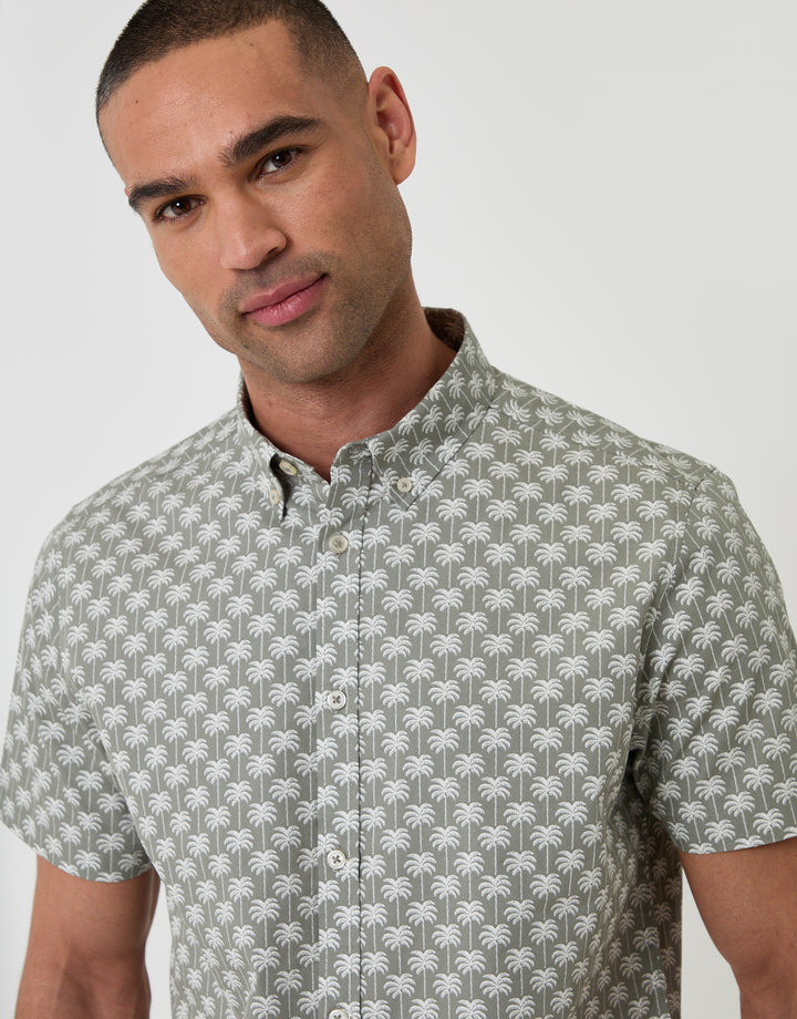 Threadbare Palm Tree Print Cotton Poplin Short Sleeve Shirt in Sage Green - collar close up