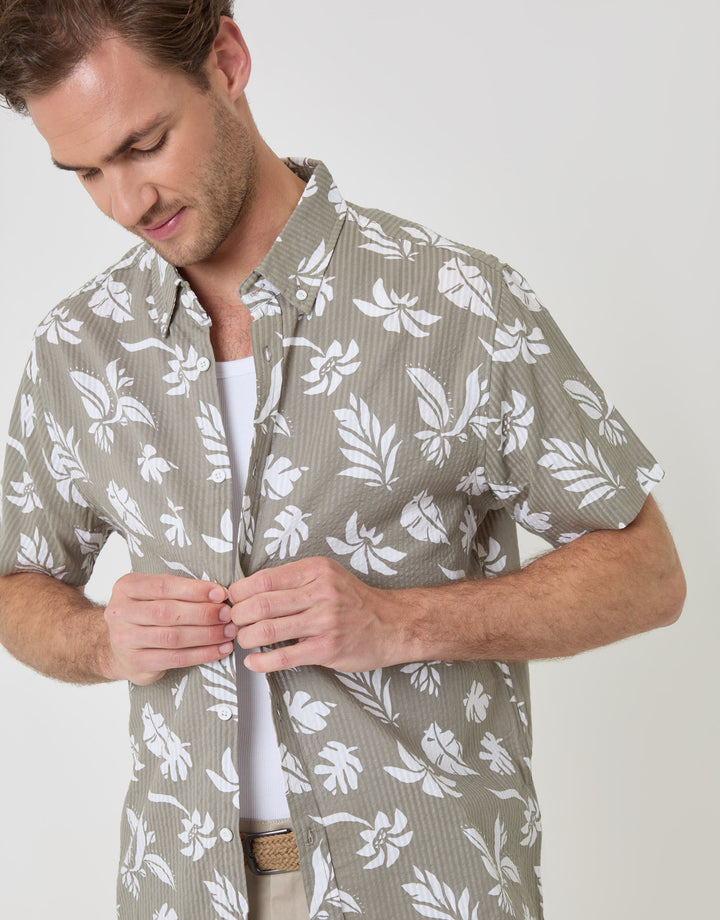 Threadbare Plant Print Textured Cotton Short Sleeve Shirt in Sage Green - close up