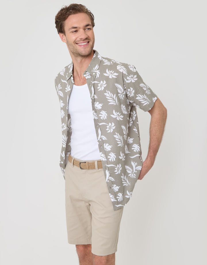Threadbare Plant Print Textured Cotton Short Sleeve Shirt in Sage Green -front view