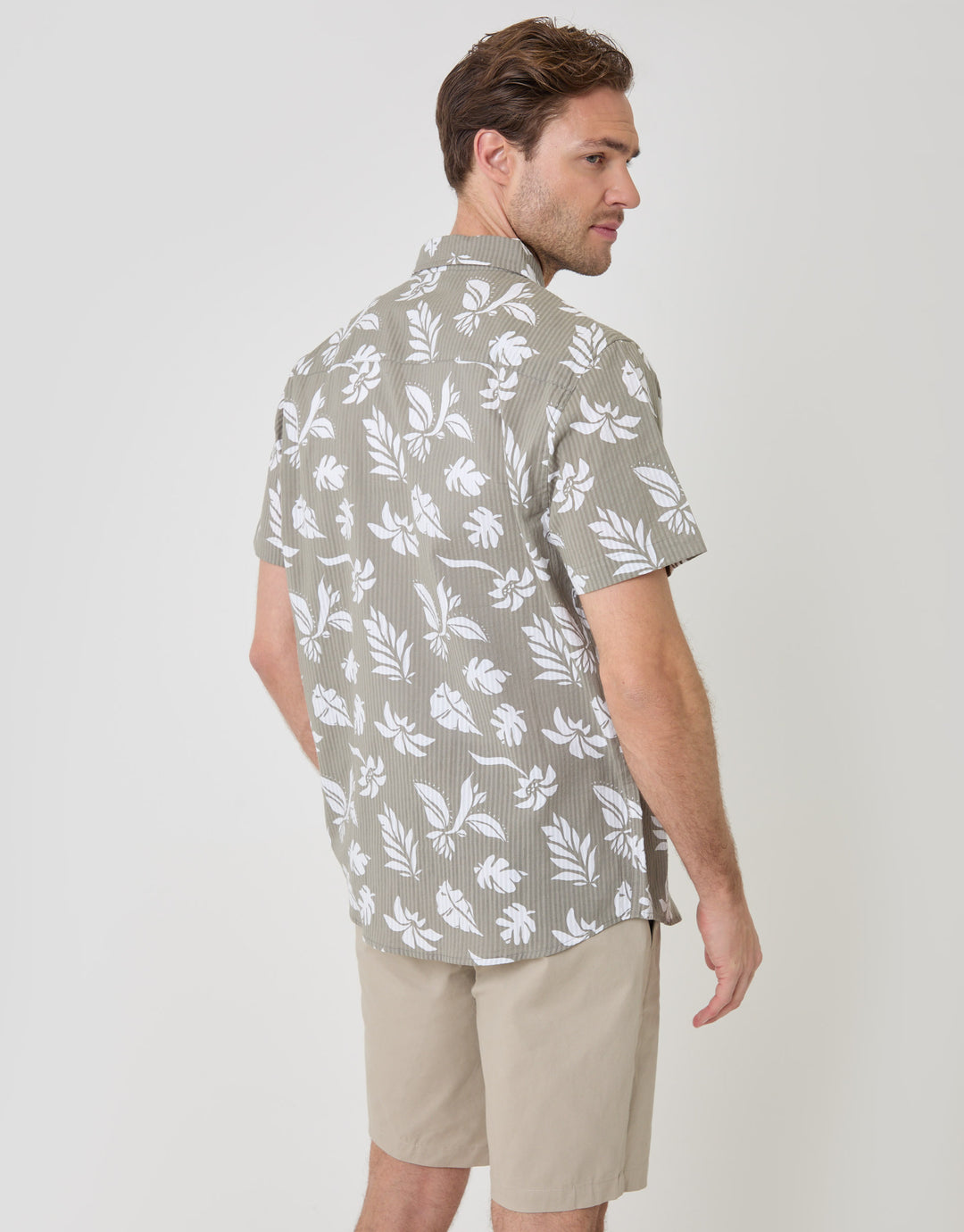 Threadbare Plant Print Textured Cotton Short Sleeve Shirt in Sage Green - back view