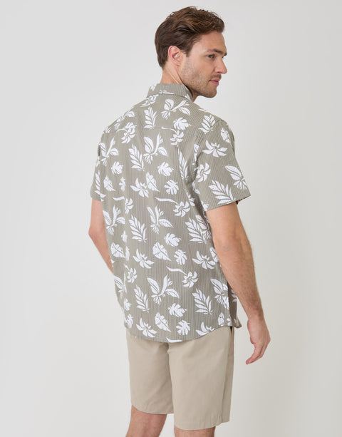 Threadbare Plant Print Textured Cotton Short Sleeve Shirt in Sage Green - back view