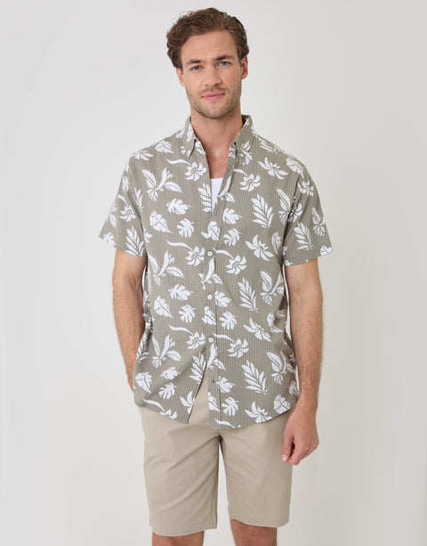 Threadbare Plant Print Textured Cotton Short Sleeve Shirt in Sage Green - full body