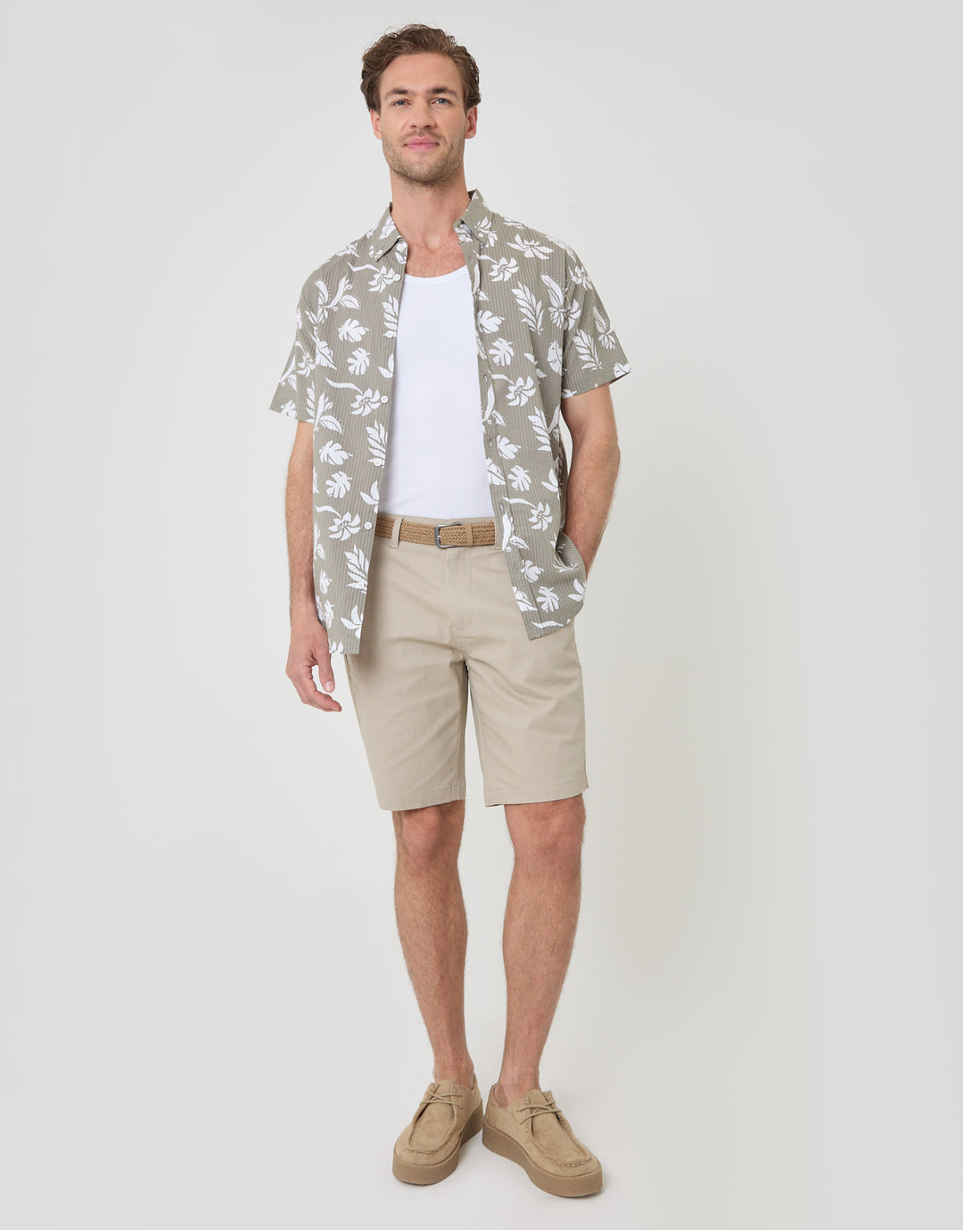 Threadbare Plant Print Textured Cotton Short Sleeve Shirt in Sage Green - full body