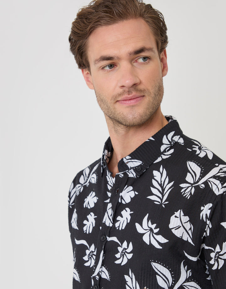 Threadbare Plant Print Textured Cotton Short Sleeve Shirt in Black - close up